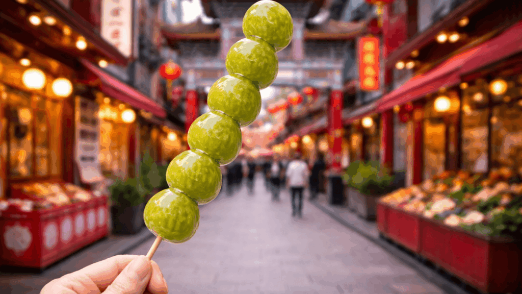 中華街でマスカット飴を手に取る