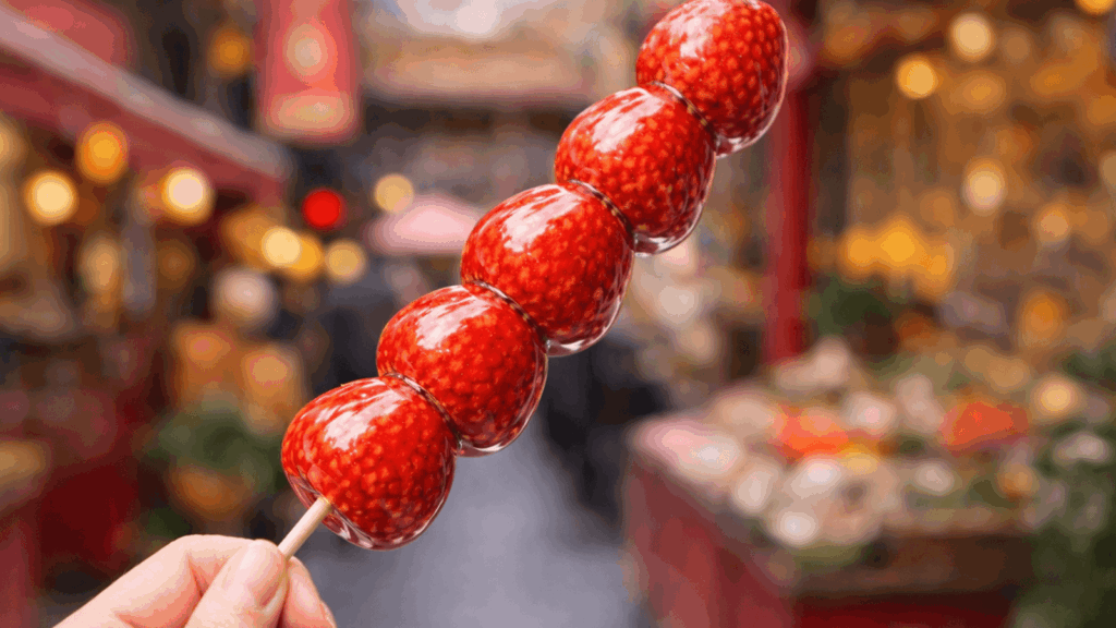 中華街でいちご飴を手に取る
