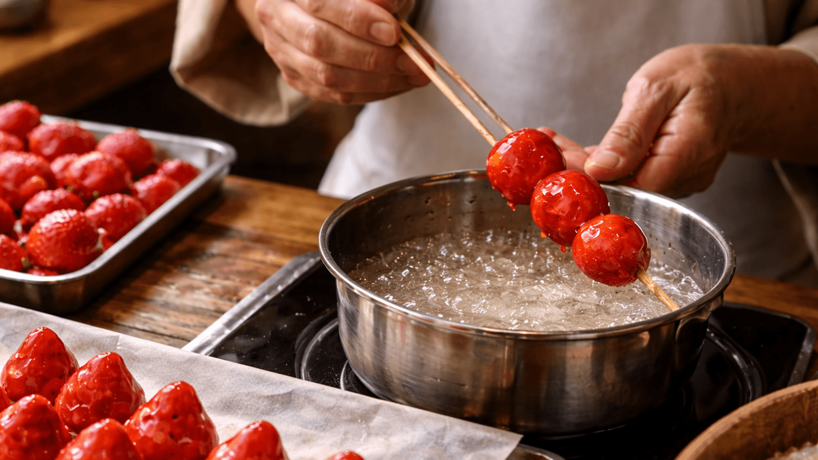 いちご飴を手作りしている