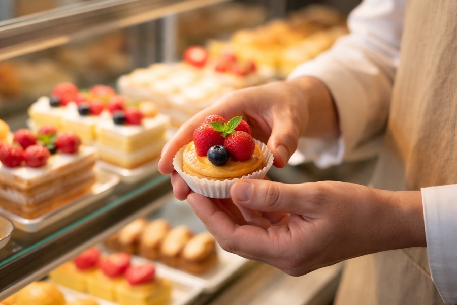 甘味を選ぶ店主の手と洋菓子(タルト)