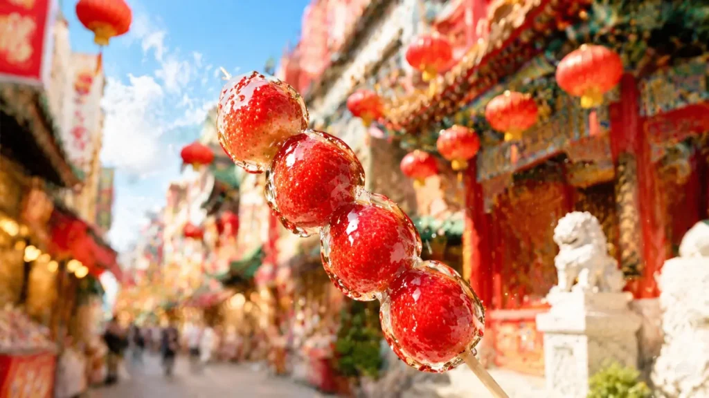 横浜中華街の街並みを背景にしたいちごのフルーツ飴