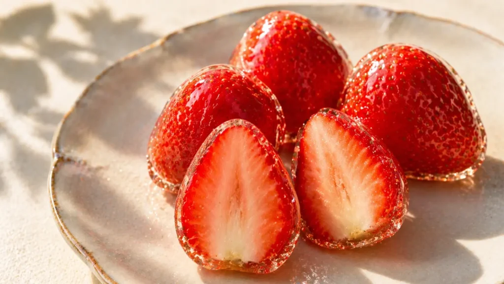 断面を見せた皿盛りのいちご飴