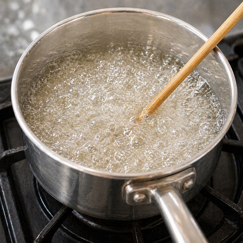 いちご飴の作り方-2 砂糖を加熱し透明な飴をつくる