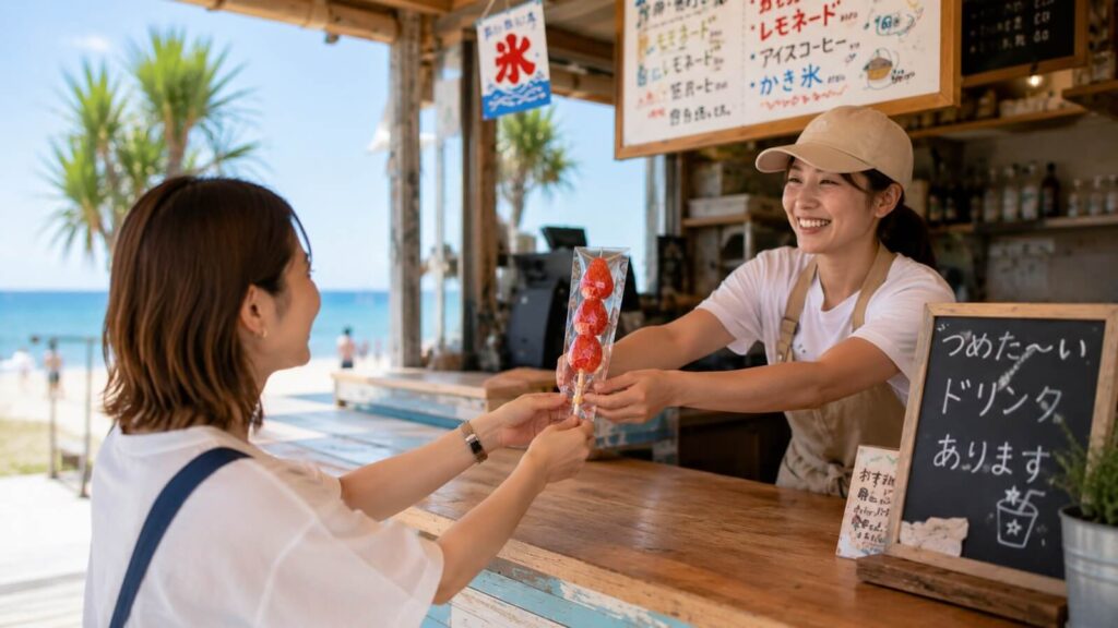 観光地の売店で提供されるフルーツ飴