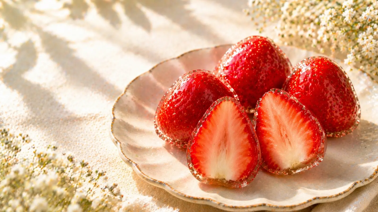 皿に盛られた断面付きのいちご飴