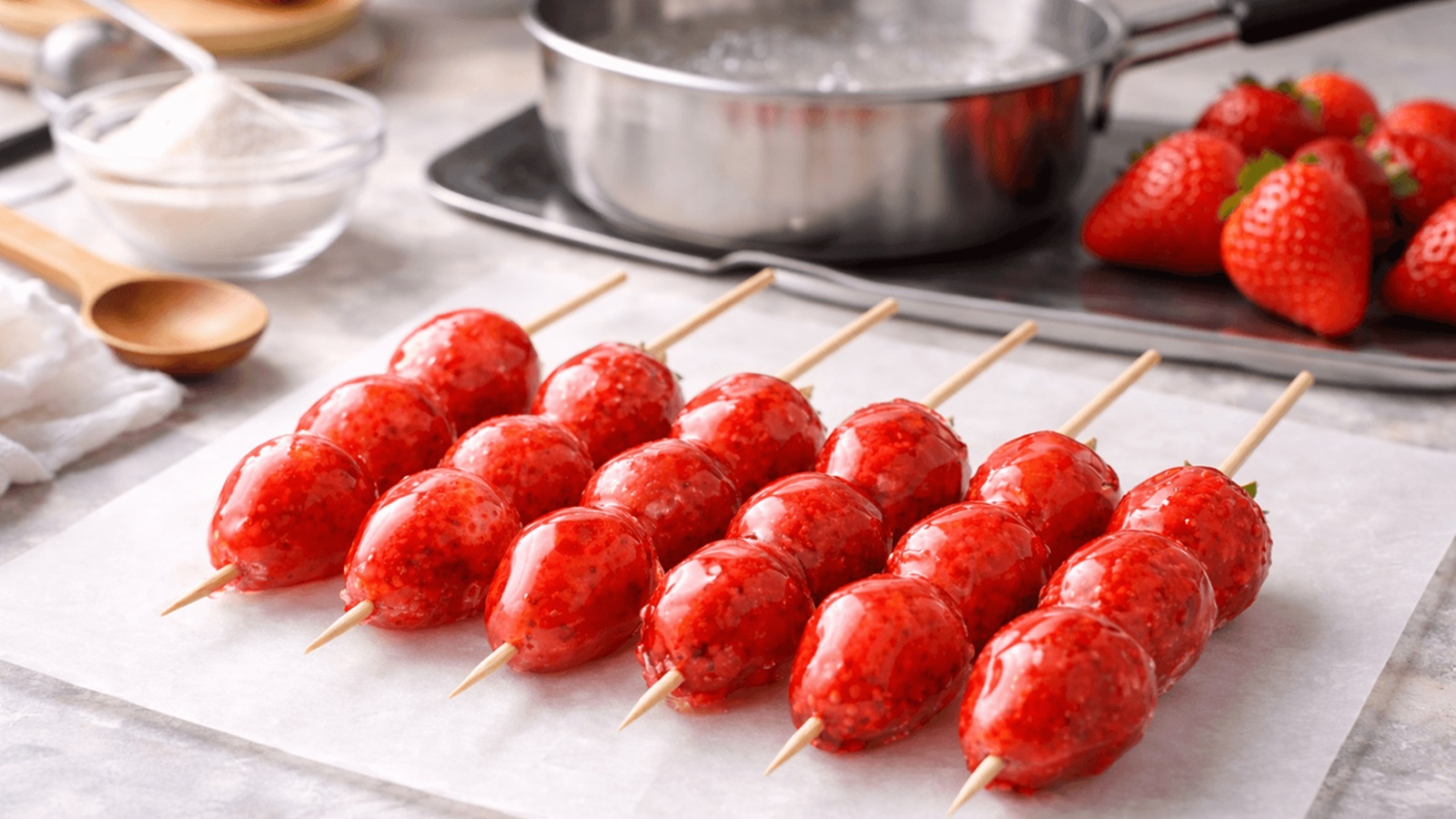 ご自宅で作ったいちご飴と調理器具