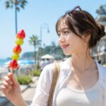 観光地でフルーツ飴の食べ歩きを楽しむ人