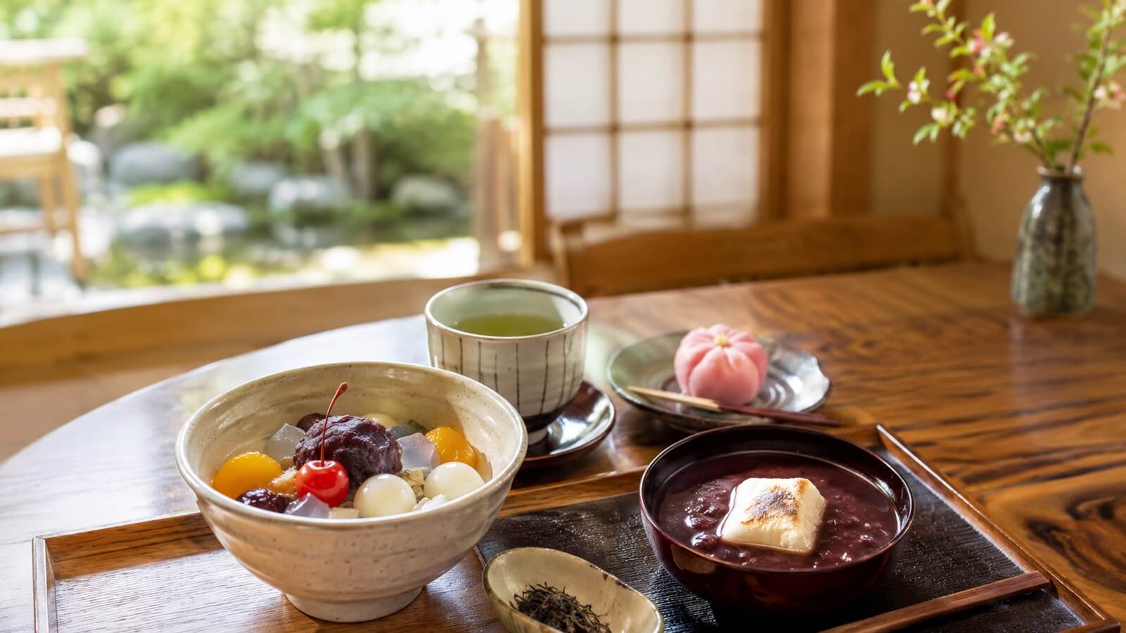 甘味処であんみつや和菓子とお茶を楽しむ風景
