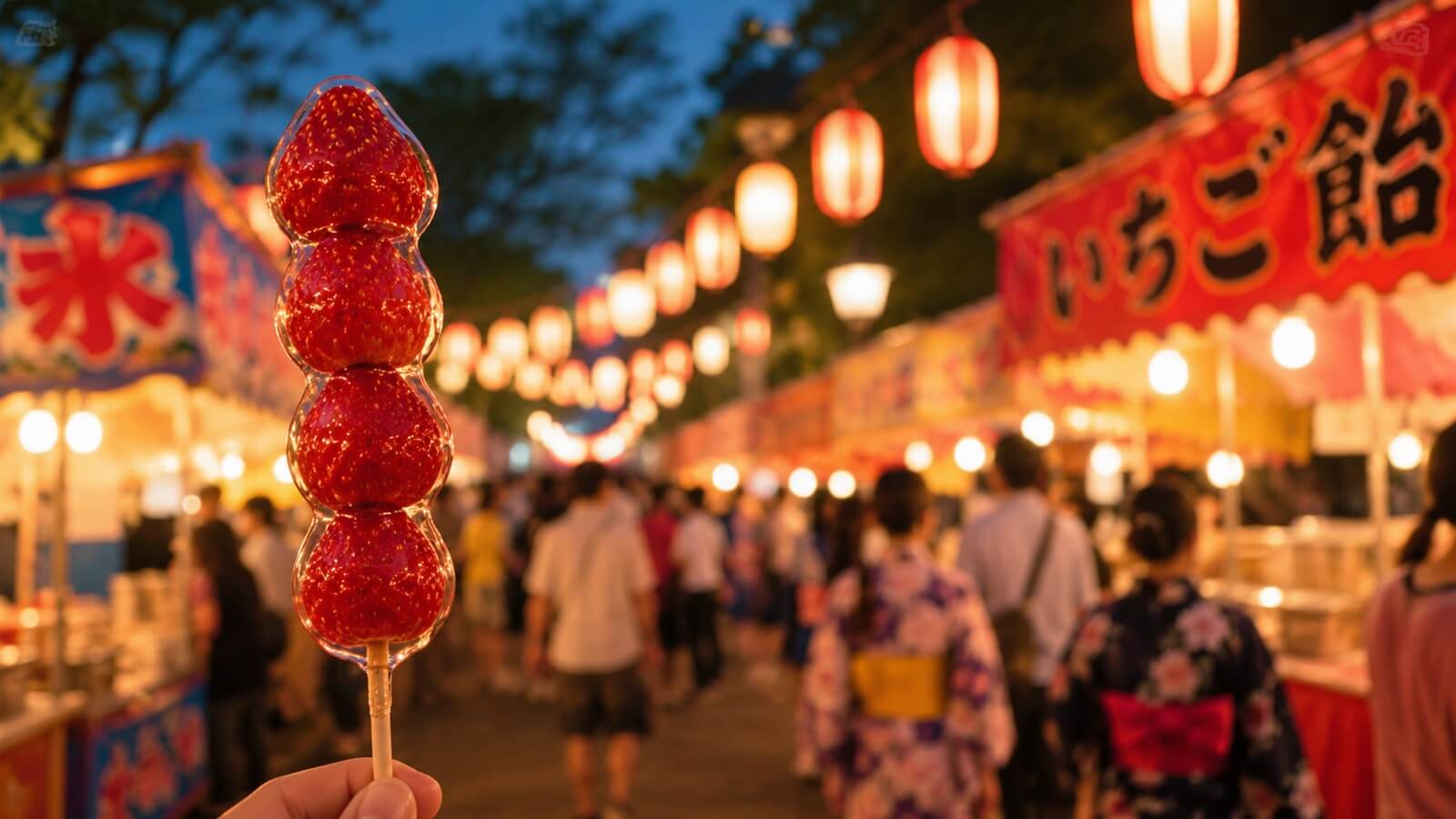 夏祭りの縁日で親しまれるフルーツ飴のイメージ